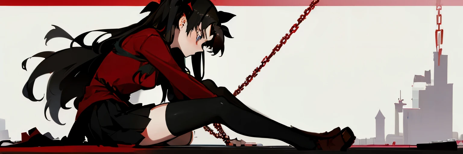 expressive eyes, perfect face, 1girl, solo, rintohsaka, rin tohsaka, aqua eyes, black hair, hair ribbon, long hair, ribbon, sidelocks, two side up, black skirt, black thighhighs, long sleeves, miniskirt, pleated skirt, ((red sweater)), skirt, sweater, thighhighs, turtleneck, looking at viewer, shibari, sitting with legs stretched, blushed expresion,profile view, horror background, chains