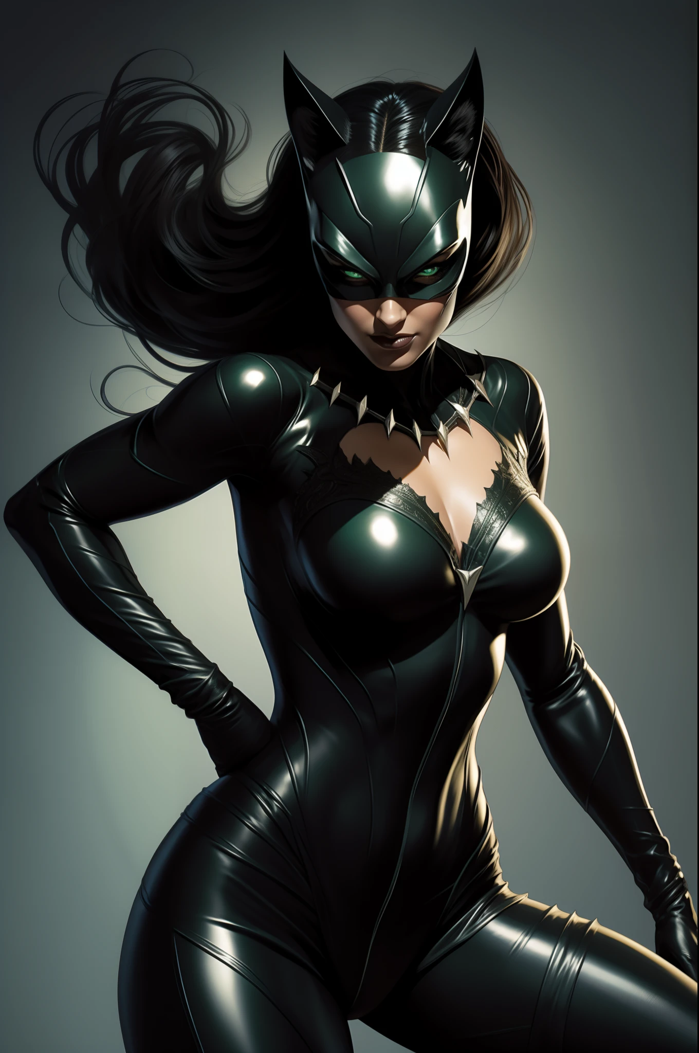 A captivating Catwoman figure, boasting generous assets, The velvety fabric of her iconic suit clings to her curvaceous figure, big breasts, cleavage. Her seductive green eyes gleam, a sly smile playing at the corner of her mouth. The intricate details of the suit's texture and the glossy finish of her feline ears add to the masterpiece of this art piece, sexy pose, bedroom