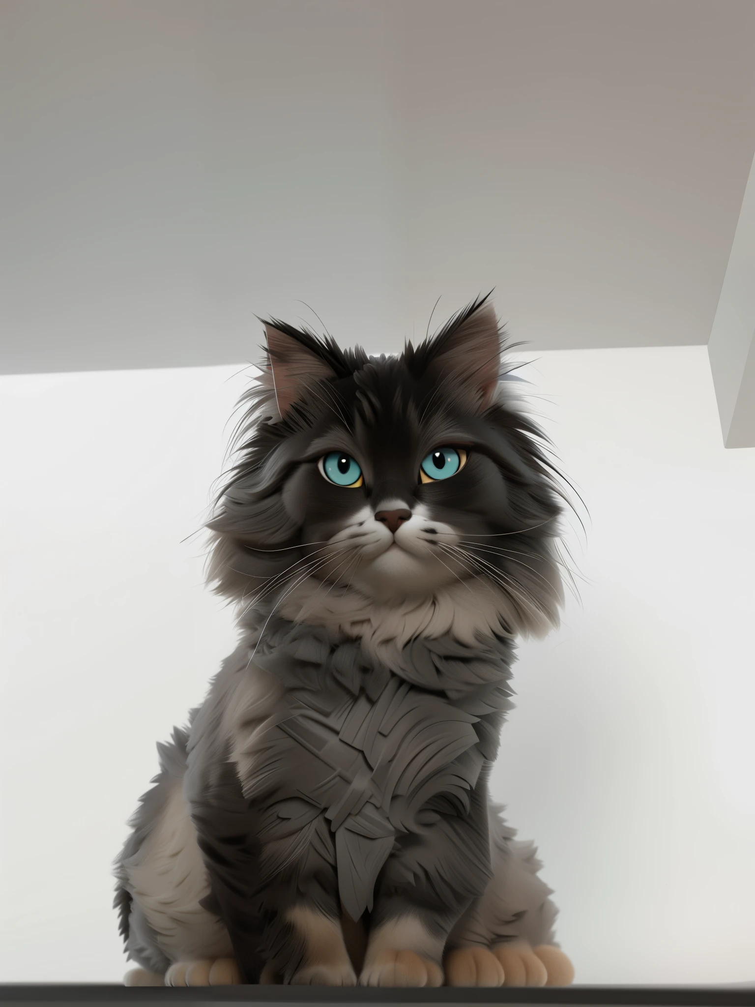 pixar style , cat Pixar style , blue heeler cat , in the style of Pixar 3D rendering the face should be brown near ears it should have black patches and mid head one white hair line amd body should be of white color