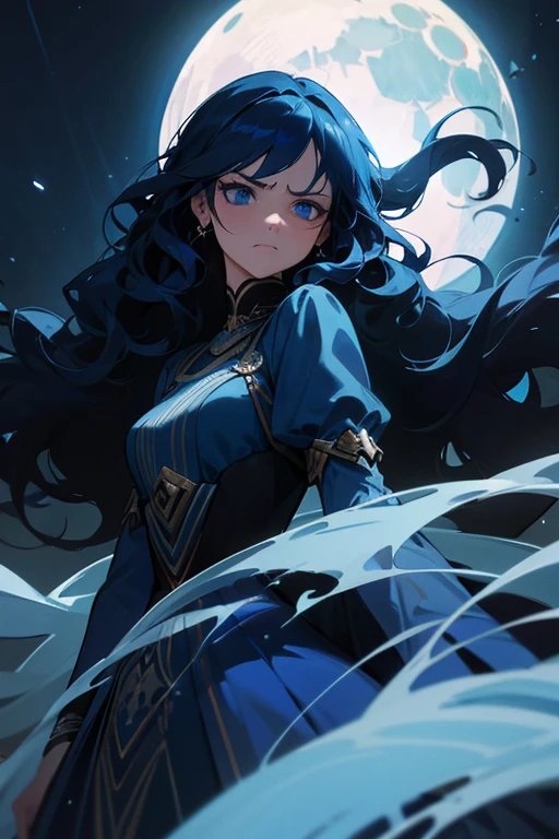 girl, blue eyes, dark blue hair, wavy long, colorfull dress,realistic details, high resolution, beautiful lighting, moon background, grumpy face