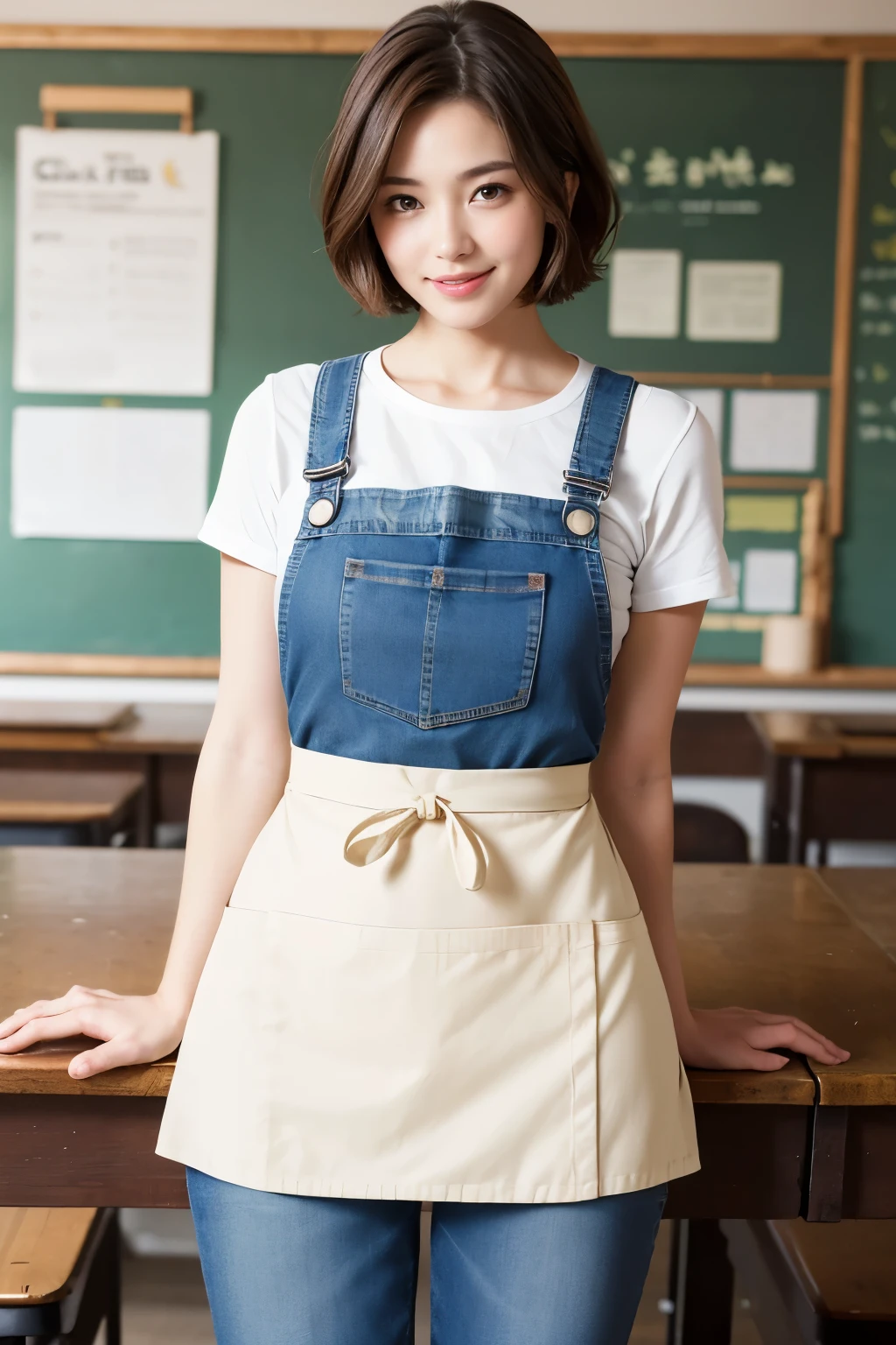 (((nsfw)))、close range、Beautiful woman、cute、((Female Nursery Teacher))、smile、Extra Very Short Hair、((Delicate photo)),(Detailed RAW photos of girls), (Tabletop:1.0), (Highest quality:1.6), (Ultra-high resolution:1.5), (Realistic:1.75), 8K resolution, Absurd, Ultra-detailed,Cinema Lighting,、nursery school、((Wearing an apron))、(Hairstyle with bangs)、Long sleeve T-shirt、((Colorful kids room:1.1))、((Lots of toys:1.))、((cute壁紙の部屋))、((Simple panties are visible:1.2))
