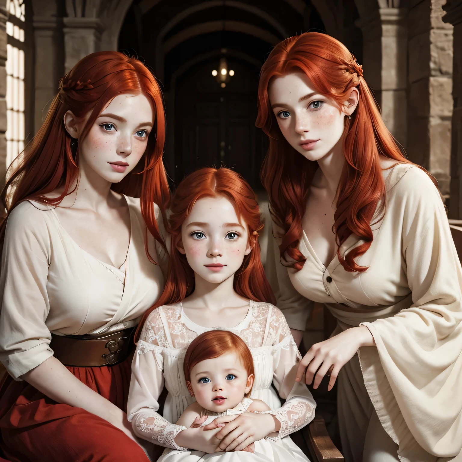 A red haired mom with Green eyes is embracing his white haired little baby girl