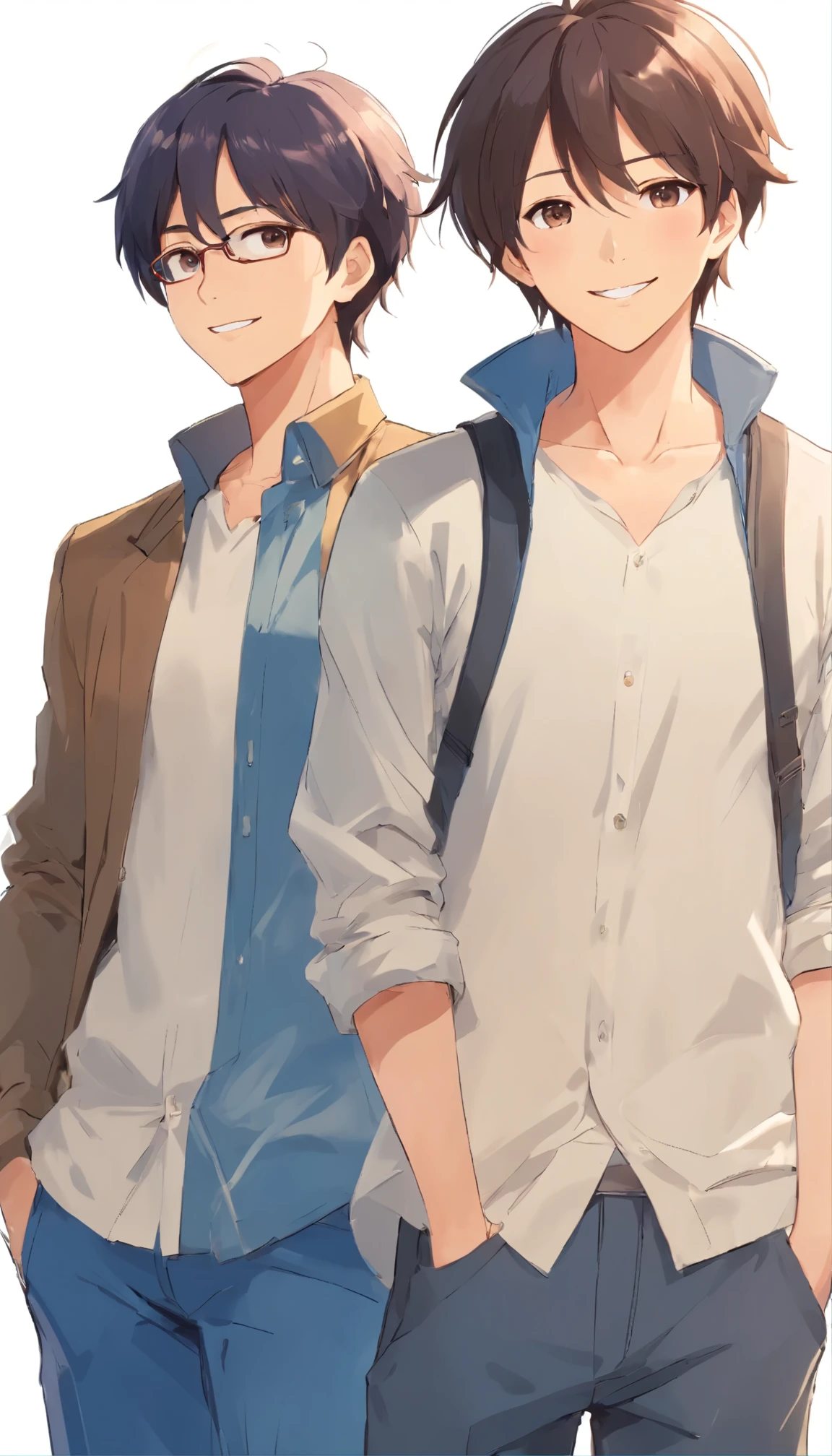 (((white background:1.2)))、(((masterpiece))),(best quality),(((facing the viewer)))、Two gay men in their 40s、casual clothes, smile，frontal face