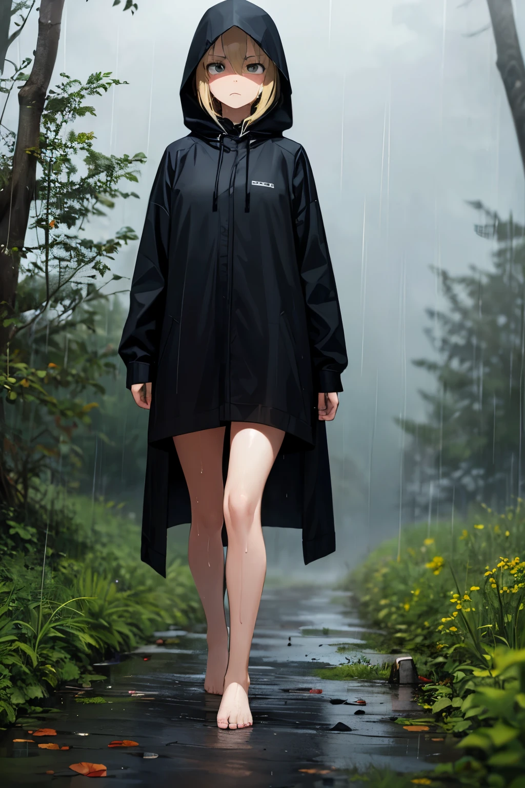forest,rain,soil,fog,cloudy,1 girl,blonde,wear a black hood,black long raincoat,barefoot,walking,serious face,Sweat,wet