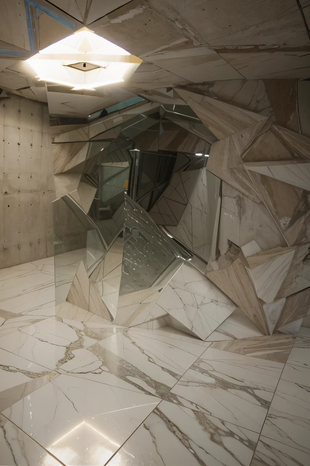 hollistic space with octagonal walls concrete walls & floor and mirrors in centre