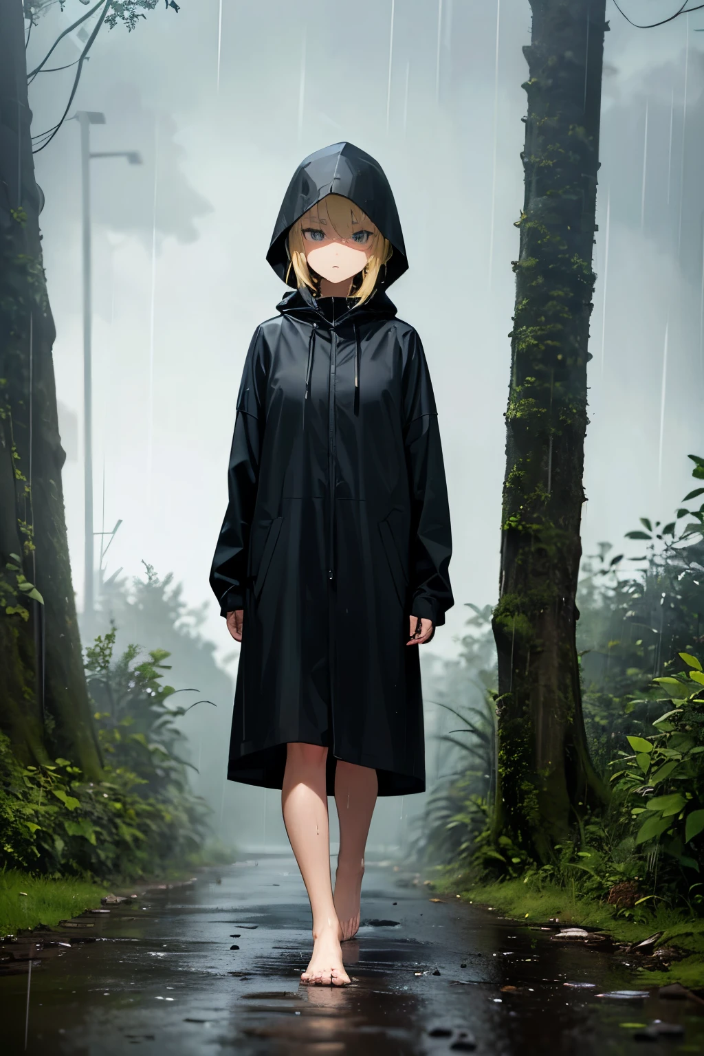 forest,rain,soil,fog,cloudy,1 girl,blonde,wear a black hood,long black raincoat,barefoot,walking,serious face,Sweat,wet