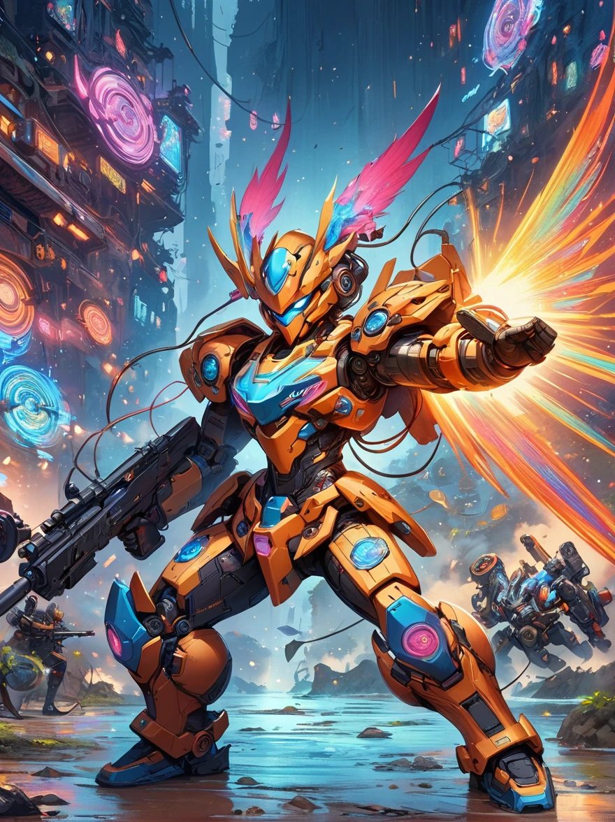 best picture quality，8k，high resolution，masterpiece，Super detailed，Realistic，ultra high definition，studio lighting，Super fine，Physical rendering，Extremely detailed description，major，Bright colors，female warrior，future，battlefield，steel体，Detailed mechanical parts，cable，gear，complex，atmosphere，Art Station Trend，Abnormal Art Trends，mechanized body，Holding a gun with one hand，(gun focus)，Aim at the target，complex的细节，Neon light rays surround，Complex and detailed machinery，Meticulous facets，steel，chrome，polished metal，cable，piston，Servo motors，off-white，weathered，dieselpunk，oil slick，electric，fantasy