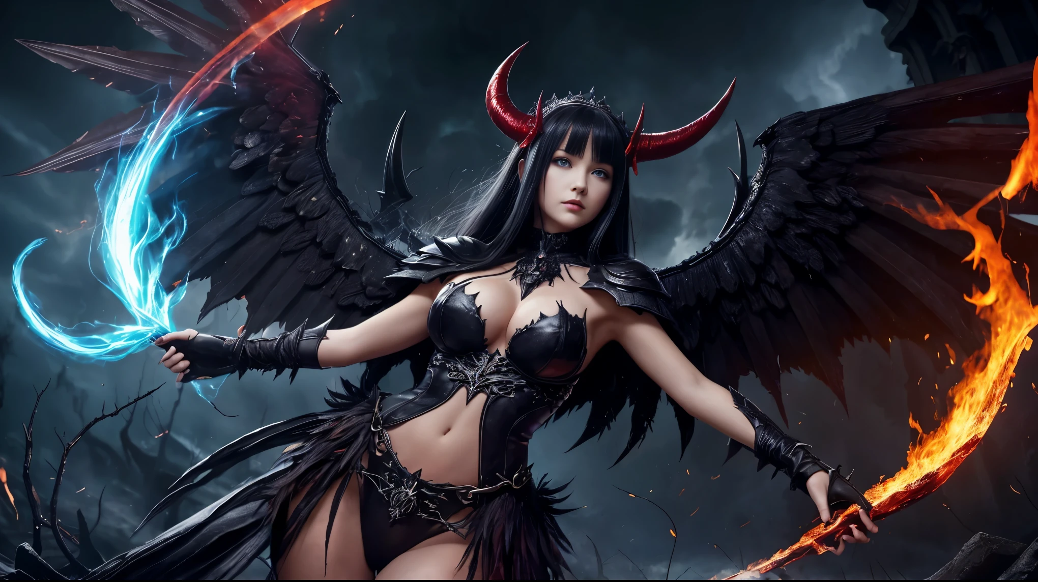 Ultra-detailed French girl, 15 years ago, angel, Fallen angel, Black angel, 2 big wings, Black feather, beautiful breasts, (blue eyes), showing great cleavage, darkness, Evil creature, skull, Black thorn hair ornament, Blood red roses, Dark red armor, Black Crown Her demon wings on her back and demon horn give her an invincible aura as she unleashes a powerful wave of destruction with a single gesture. Fire, flames, blood, red lightning, thunderstorm, waterfalls, blood Moon, dark night, naked body