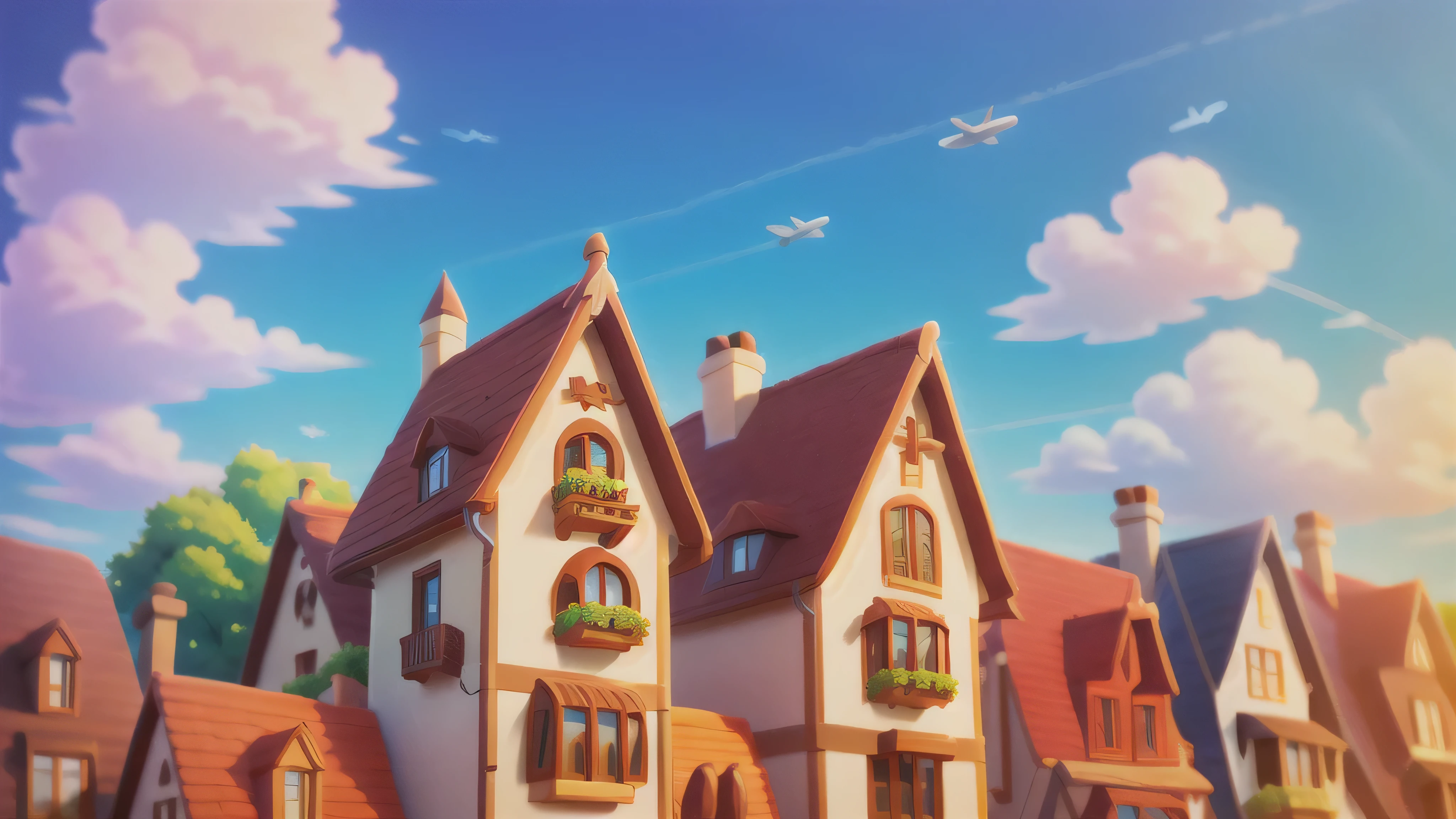 outdoor, clear sky, Planes fly in the distant sky, Leave a trail of jets, street, house, Room, European and American cartoon style, Hand drawn feel, from below, Wide-angle lens, precise, high quality