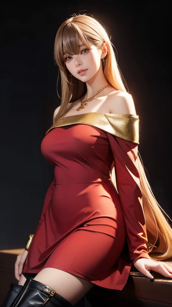 1 girl、オフショルダーのニットのワンピースを着てknee high bootsを履いた可愛い女の子がこちらを見て、baby face、Beautiful black straight long hair、Staring at me with a charming smile、Slender but big breasts、beautiful skin、Off-shoulder knit dress that fits the body、knee high boots、Gold Cross Necklace、cowboy shot、anatomically correct、precise fingers、exact limbasterpiece、photo reality、