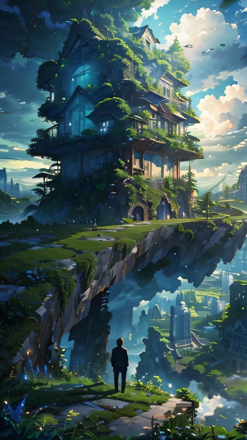 A cloud kising skyscraper, blend of natural beauty and surreal elements. It’s a place where the boundaries between the sky and the earth are blurred, creating a dreamlike vista. The overgrown building amidst this landscape suggests a forgotten structure reclaimed by nature, symbolizing a harmony between man-made creations and the natural world., lots of cloud