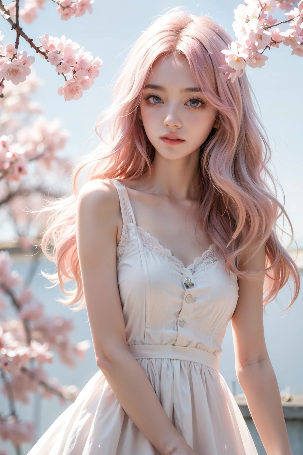 (vivid colors),(paint splash),(ray tracing),(white dress),(simple background),(light pink hair),(pink eyes),(wavy hair),(pink and white),(sakura leaves)