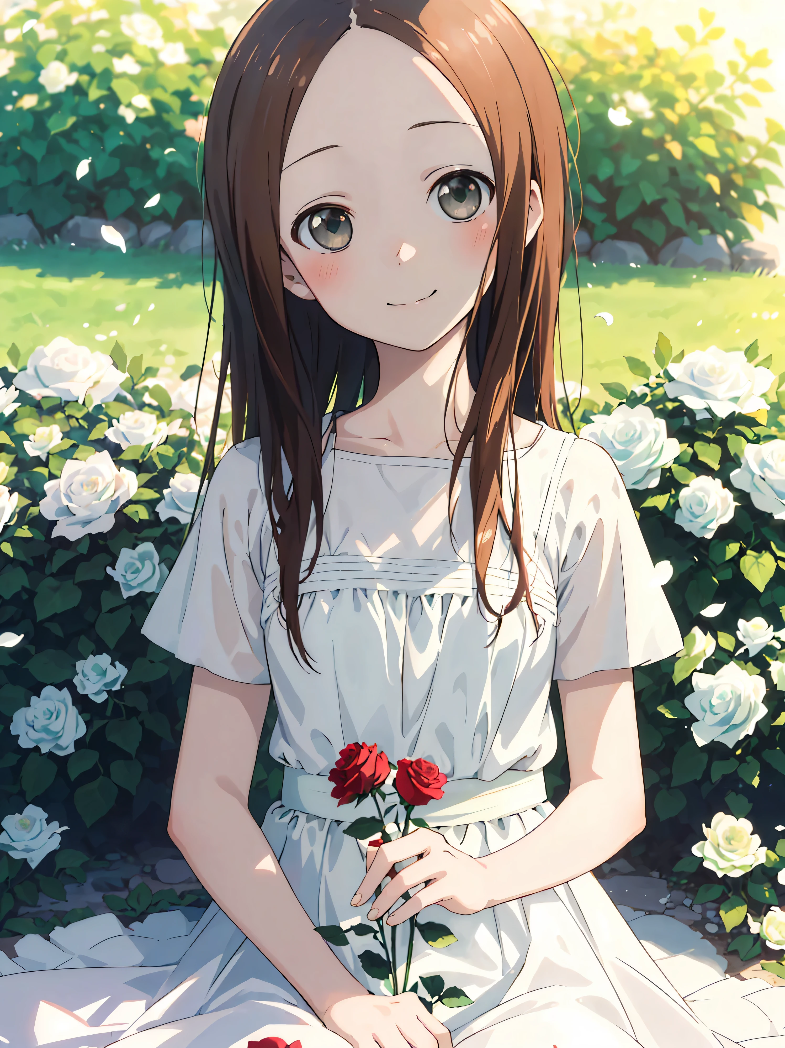 (highest quality,High resolution),(realistic:1.37),portrait,soft colors,warm lighting,Takagi,fine and beautiful eyes,soft smile,beauty of nature,refreshing summer day,garden scene,roses blooming,Subtle floral scent,Wind,flowing dress,playful pose,happy expression,fantasize,peaceful atmosphere)