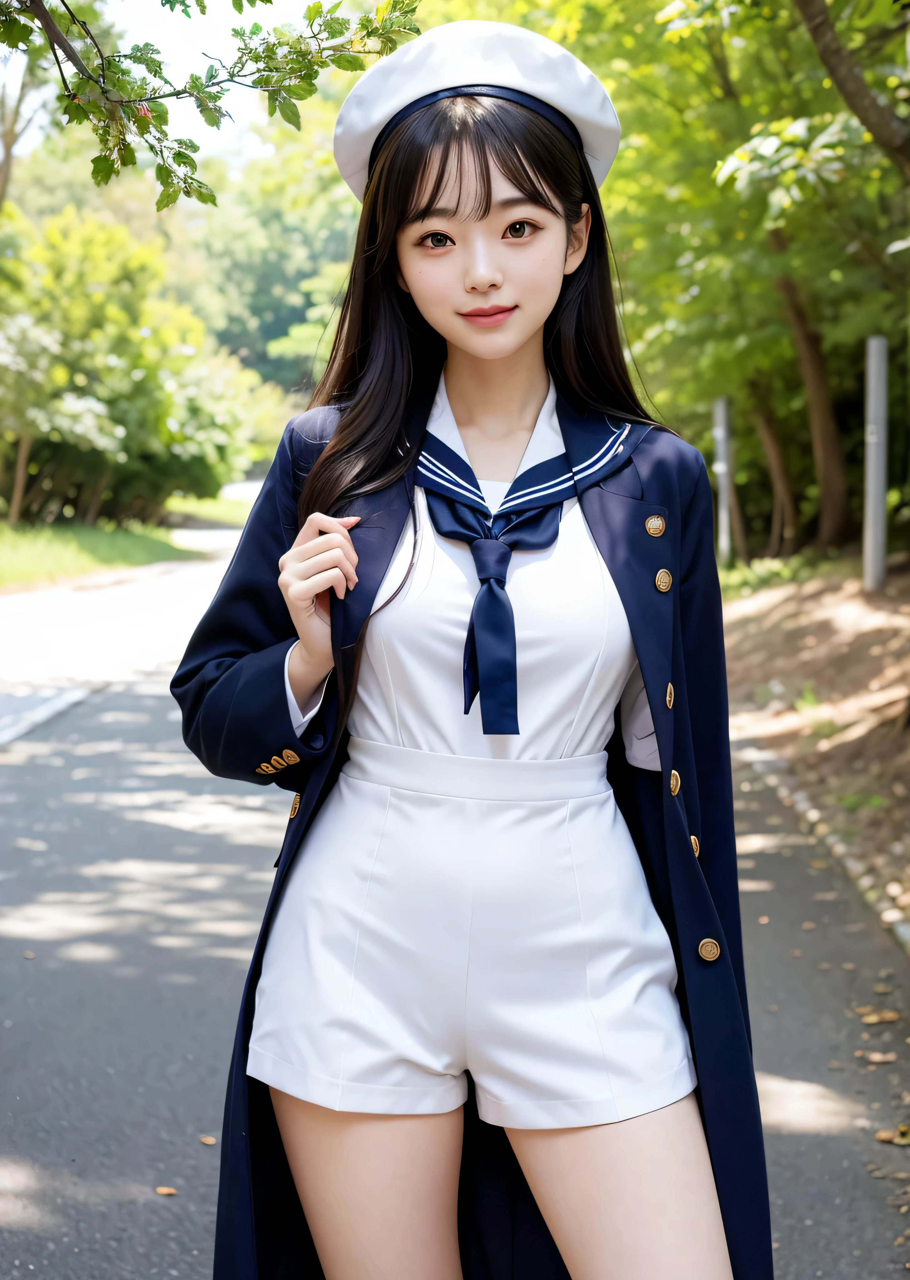 写真のポーズをとる船乗りの服を着た女性 loose coat collar sailor suit, sailor suit, Japanese girl , wearing Japanese , Japanese , sakimichan, JK uniform, girl in uniform, seifuku, sakimi chan, sailor suit, korean girl, smooth white tight clothing suit, female sailor suit, Navy Ribbon,sunny day,nature background,beautiful hair,mature,Beautiful woman,beauty,smile,thighs,pretty big breasts,sunlight