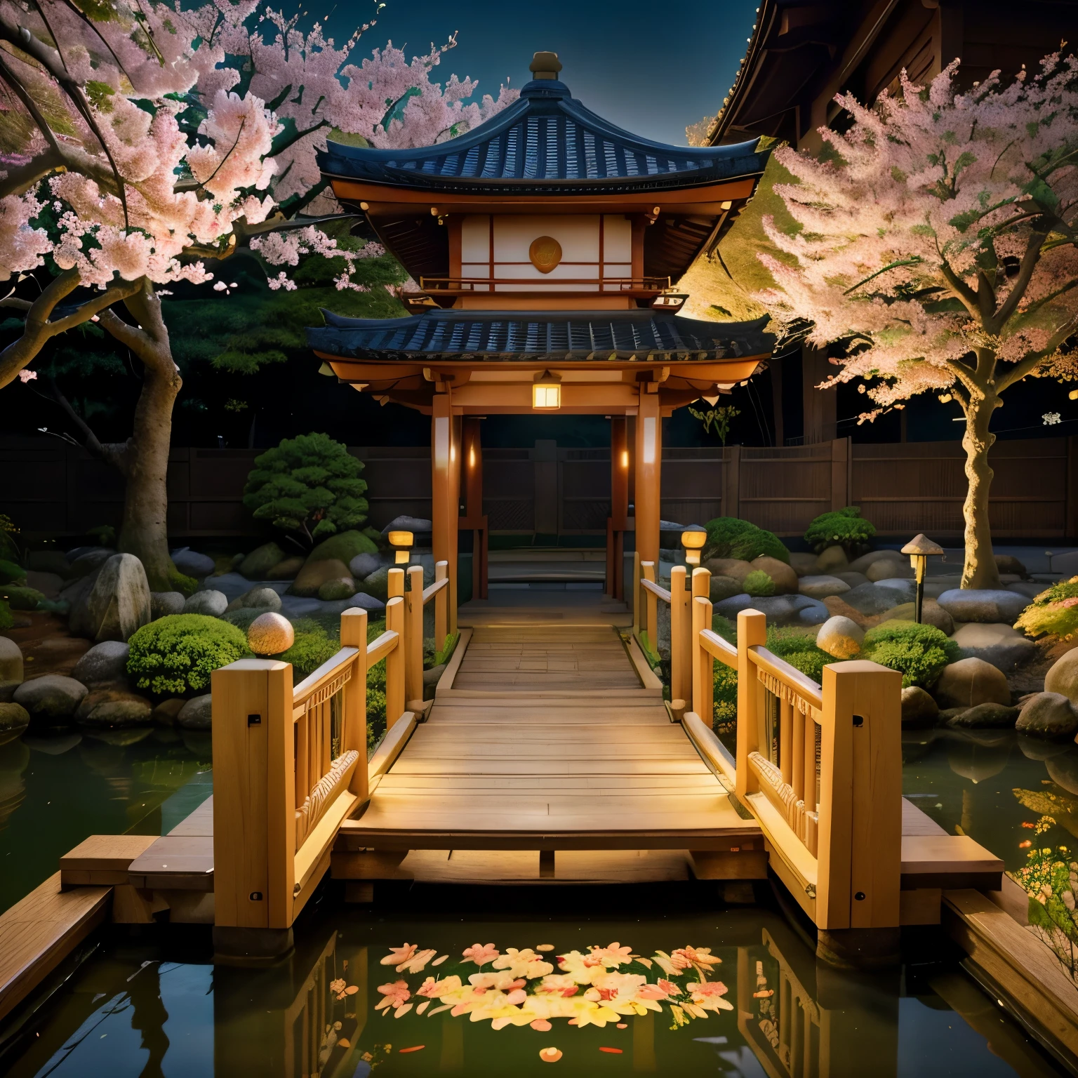 (digital painting),(highest quality), Tranquil Japanese Garden, Cherry tree in full bloom, Koi Pond, pedestrian bridge, pagoda, Ukiyo-e art style, Hokusai inspiration, popular deviant art, 8K super realistic, pastel color scheme, soft lighting, golden hour, quiet atmosphere, Landscape
