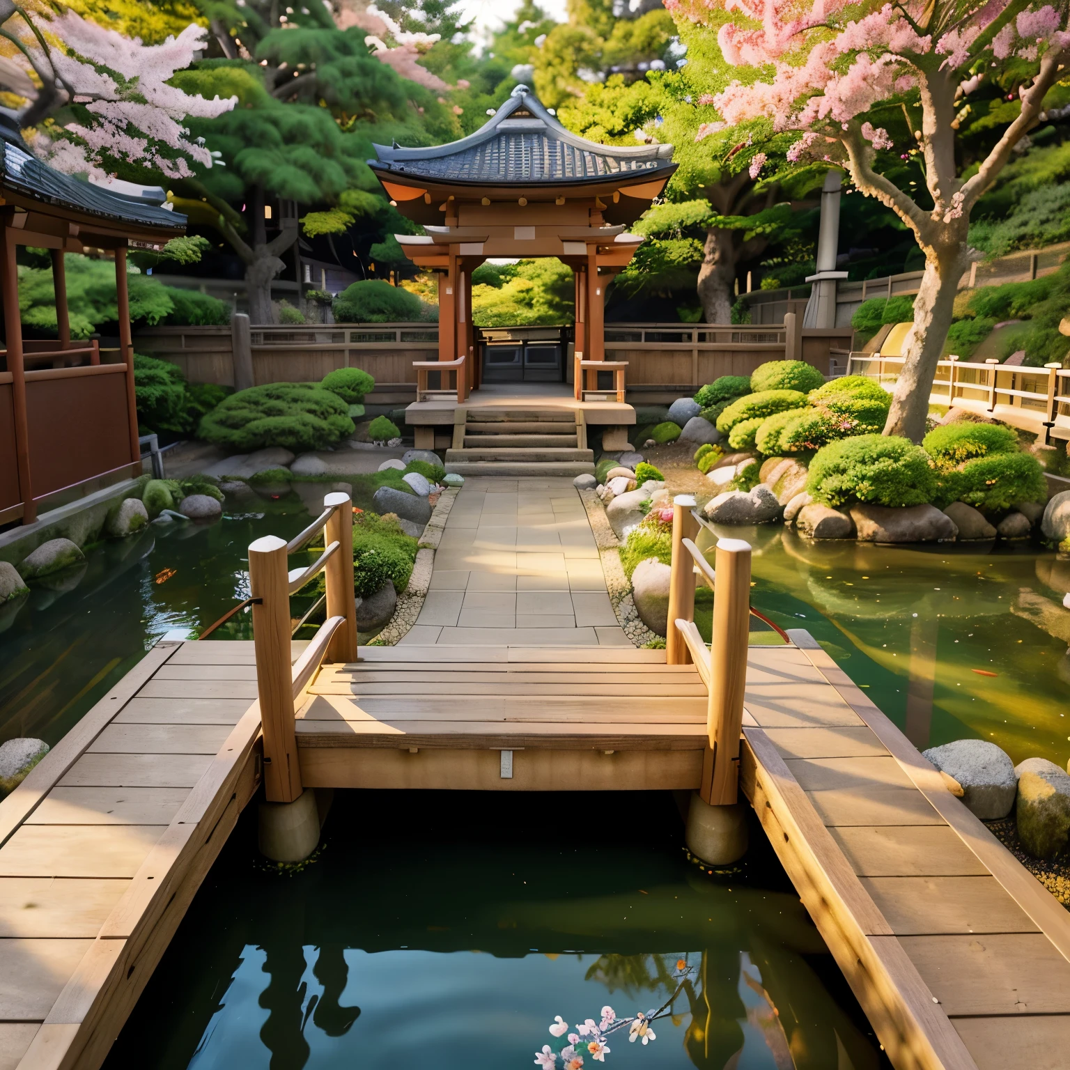 (digital painting),(highest quality), Tranquil Japanese Garden, Cherry tree in full bloom, Koi Pond, pedestrian bridge, pagoda, Ukiyo-e art style, Hokusai inspiration, popular deviant art, 8K super realistic, pastel color scheme, soft lighting, golden hour, quiet atmosphere, Landscape