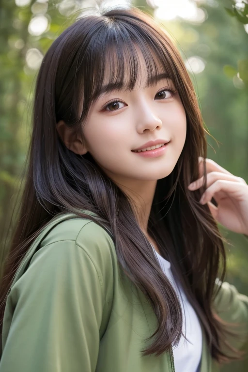 1 girl、Upper body、Close-up、laughter、、(8K、RAW photo、highest quality、masterpiece:1.2)、(realistic、photo realistic:1.37)、Delicate and detailed face、Japanese student、He is wearing a moss green windbreaker over a white sweatshirt.、(((best image quality))),small、fine skin, (beautiful hair), (perfection Anatomy), (realistic), (dynamic angle), seductive pose,perfection,sensual look、highest quality、High resolution、fluffy long hair、The background is a forest、cold、cold、