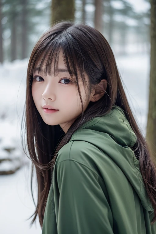 1 girl、Upper body、Close-up、laughter、、(8K、RAW photo、highest quality、masterpiece:1.2)、(realistic、photo realistic:1.37)、Delicate and detailed face、Japanese student、He is wearing a moss green windbreaker over a white sweatshirt.、(((best image quality))),small、fine skin, (beautiful hair), (perfection Anatomy), (realistic), (dynamic angle), seductive pose,perfection,sensual look、highest quality、High resolution、fluffy long hair、The background is a forest、cold、cold、
