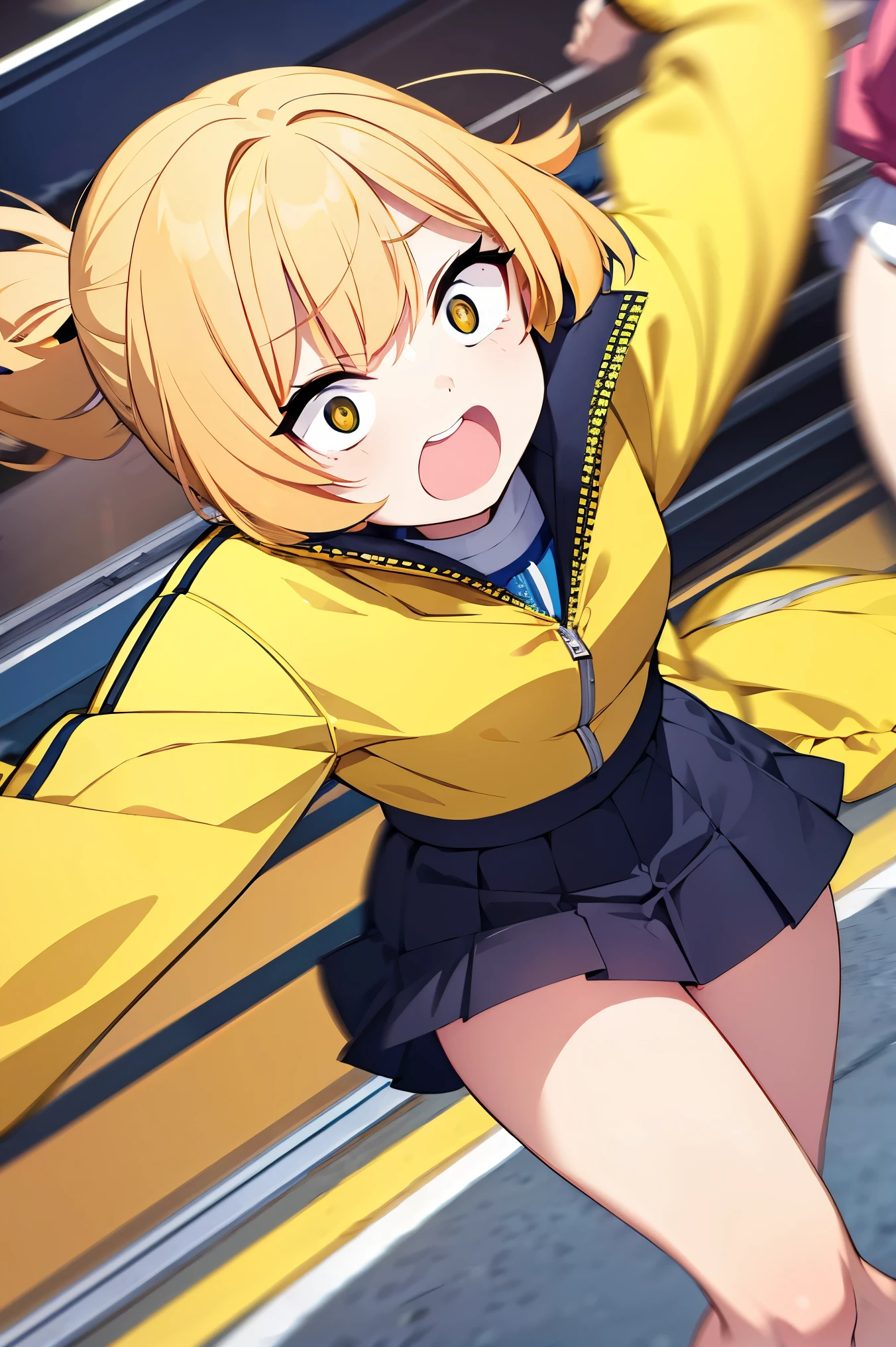 woman in a short skirt and a yellow jacket, running