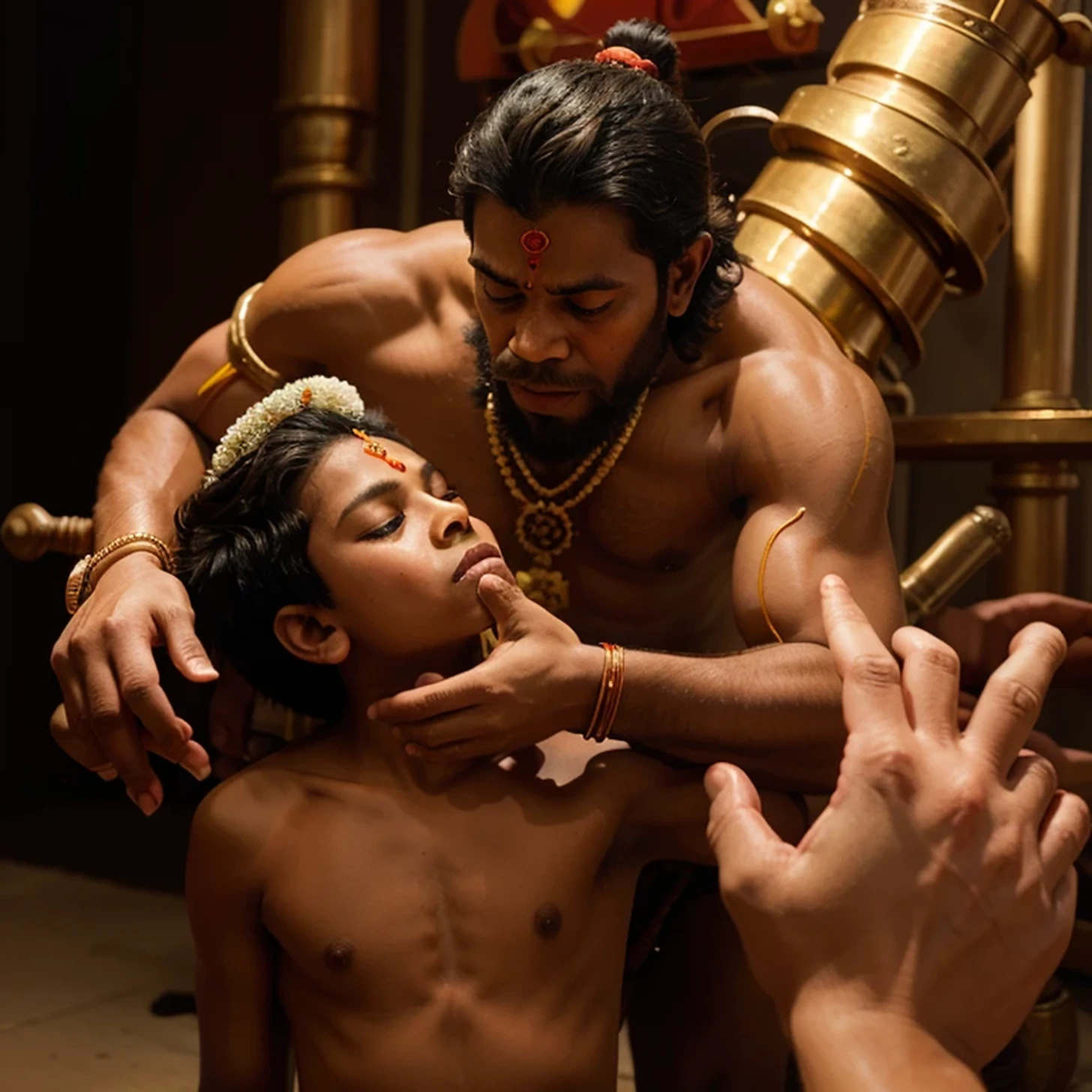 Create a image in which lord hanuman is blessing a boy with his hand whose name is shivam