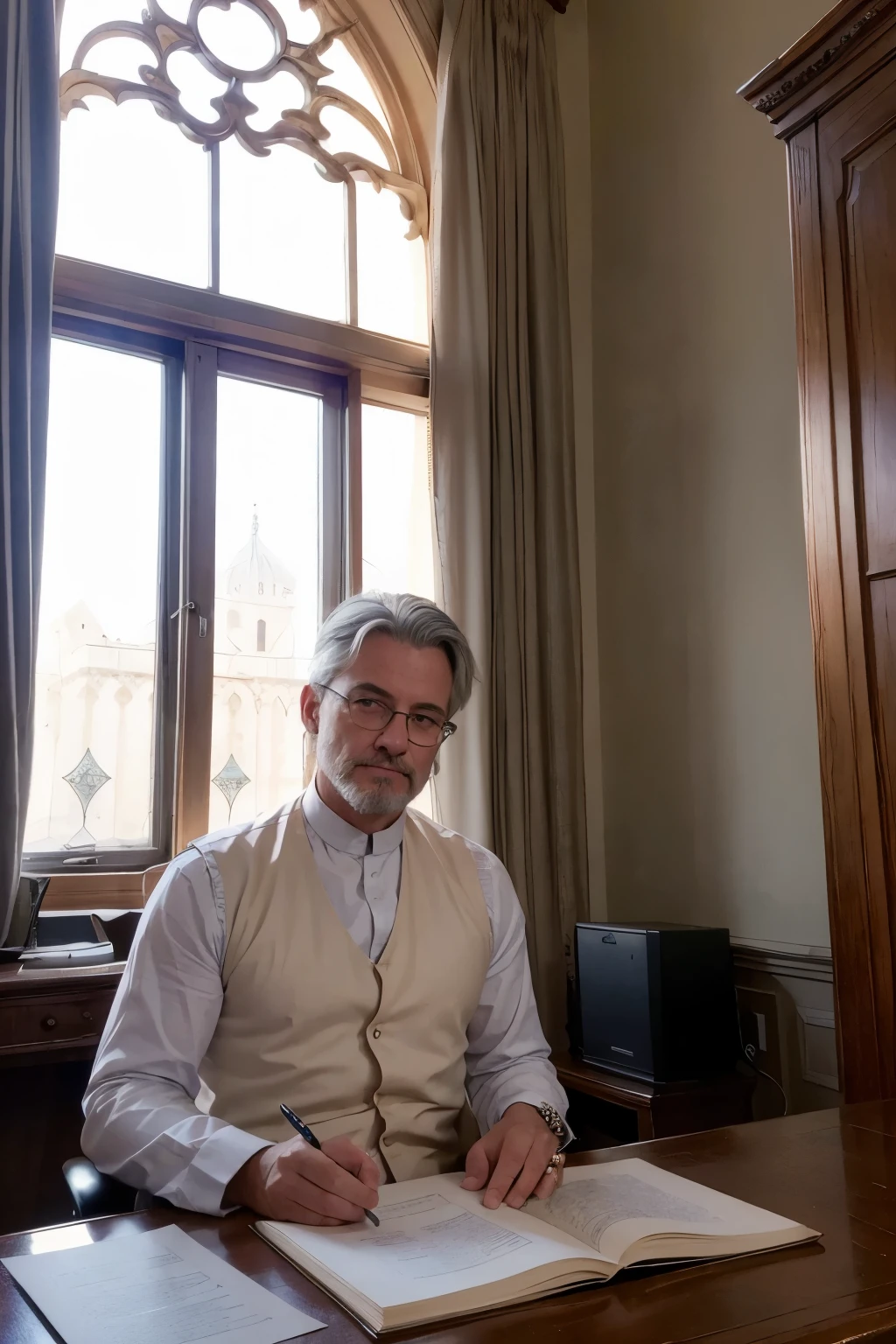 RAW, Best quality, high resolution, masterpiece: 1.3), Successful middle-aged avvocato with silver hair, wearing glasses, sitting behind a desk while working on the computer. Outside the window, the Bell Tower of San Marco is visible.
Masterpiece, Realistic, Detailed, 1 man, middle-aged, Successful avvocato, Silver haired, Wearing glasses, Desk work, Computer, San Marco Bell Tower, Detailed clothing, Roman attire, Old world charm, Draped curtains, Sunlight filtering through, Noble and sophisticated, Italian setting.
RAW, Best quality, high resolution, Masterpiece: 1