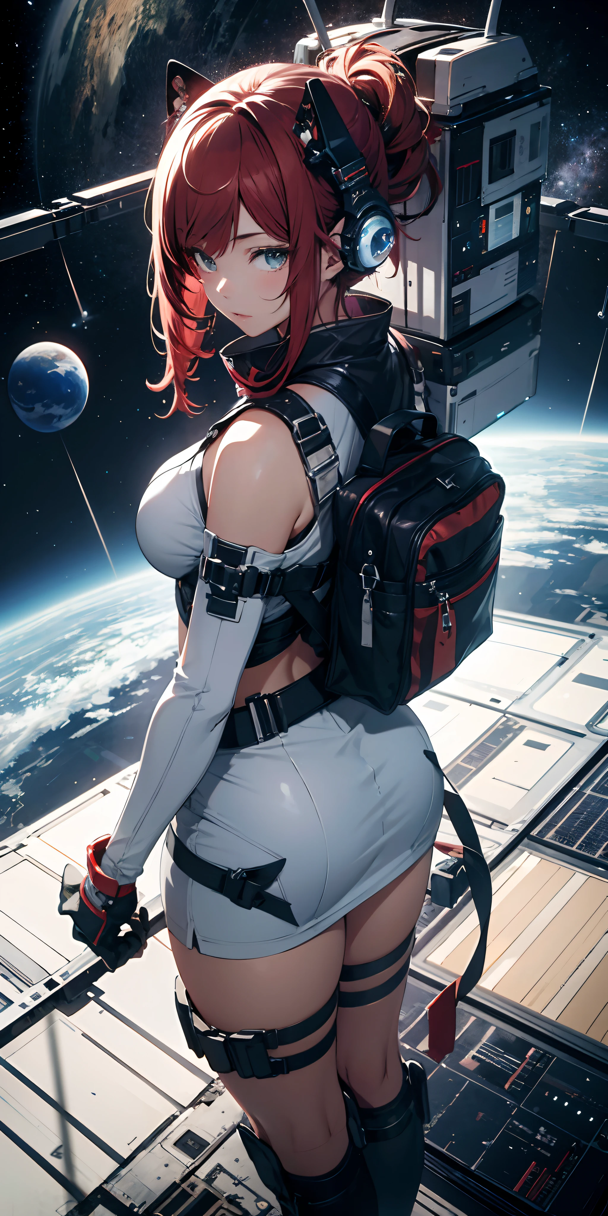 Ridiculous resolution, high res, (masterpiece:1.4), hyper-detailed, 1girl, neko girl, big breasts, red hair, Look from above, space, float,spacecraft,Blue Earth