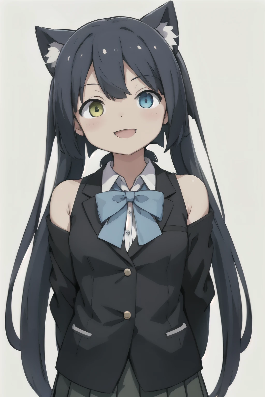 white background、Solid white background、blank background、arms behind back、adult woman、hide your hands、Upper body photographed from the front,(high quality, Breathtaking),(delicate eyes, perfect face)solo,Era: late 20s, Heterochromia - left eye is yellow、The right eye is light blue.、open your mouth without showing your teeth、Smile with mouth wide open、open your mouth wide、fish shaped hairpin、medium shoulder length hair, black hair, Long Sleeve Blazer Clothing,black pleated skirt、