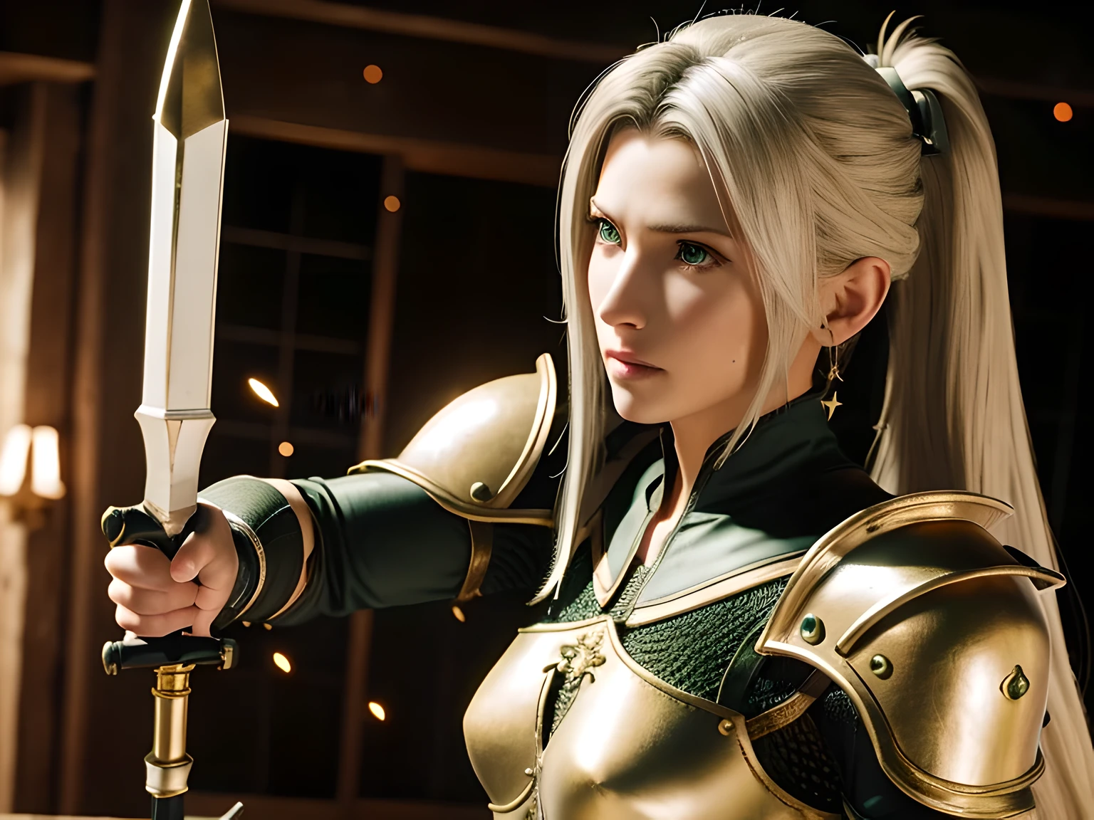 8k, masterpiece, best quality, ff7r style, Rhea, AraneaHighwind, 1girl, ((white hair)), ((green eyes)), long hair, high ponytail, portrait, blurry background, ((gold armor)), ((holding a lance)), lance, earrings, gloves, white dress, solo, forehead protector, ((dragoon)), facing viewer, cinematic lighting, dynamic pose, chainmail, breastplate, hair ornament, light particles