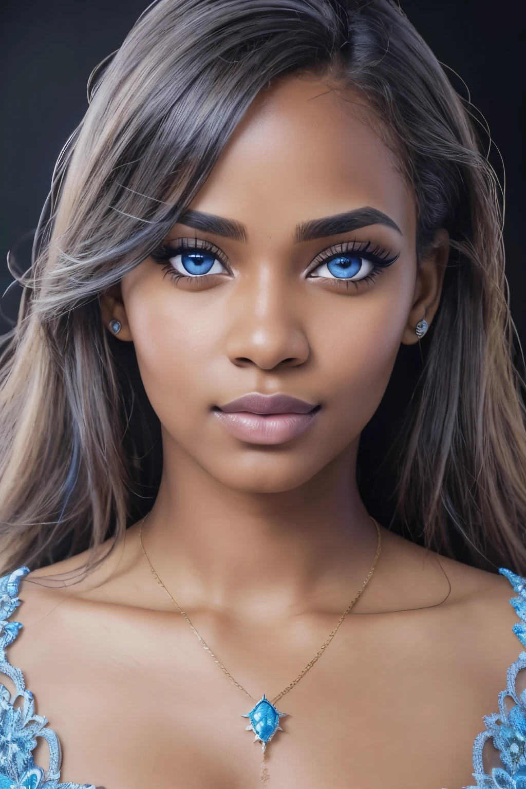 Close-up photo of Dominican woman, brown skin, piercing blue eyes, long detailed eyelashes, full lips, Focus on head, Studio light, even lighting, 4K, Photography realistic, Hyper-detailed, ultra high res, (photorealistic:1.4), UHD, RAW photo,