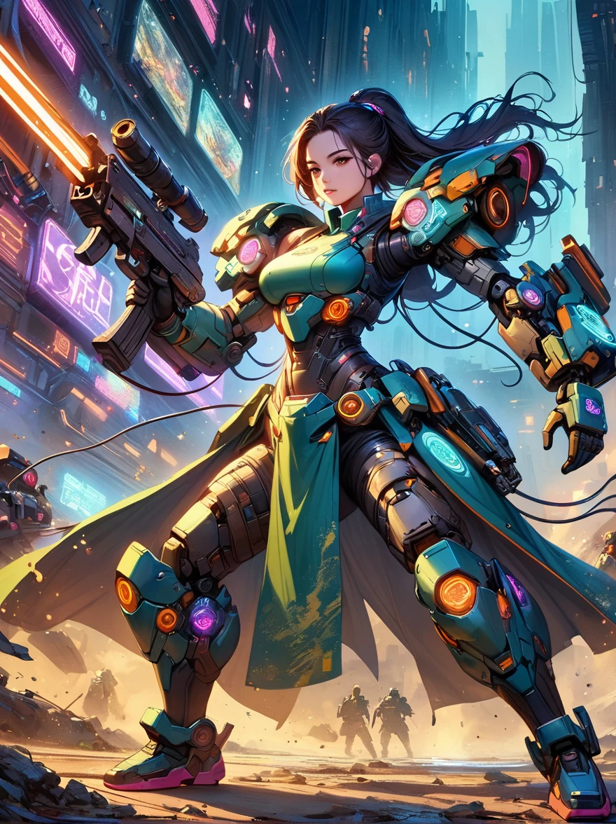 best picture quality,8k,high resolution,masterpiece,Super detailed,Realistic,ultra high definition,studio lighting,Super fine,Physical rendering,Extremely detailed description,major,Bright colors,female warrior,future,battlefield,steel体,Detailed mechanical parts,cable,gear,complex,atmosphere,Art Station Trend,Abnormal Art Trends,mechanized body,Hold a gun in both hands,(gun focus),Aim at the target,intricate details,Neon light rays surround,Complex and detailed machinery,Meticulous facets,steel,chrome,polished metal,cable,piston,Servo motors,off-white,weathered,cyberpunk,oil slick,electric,fantasy