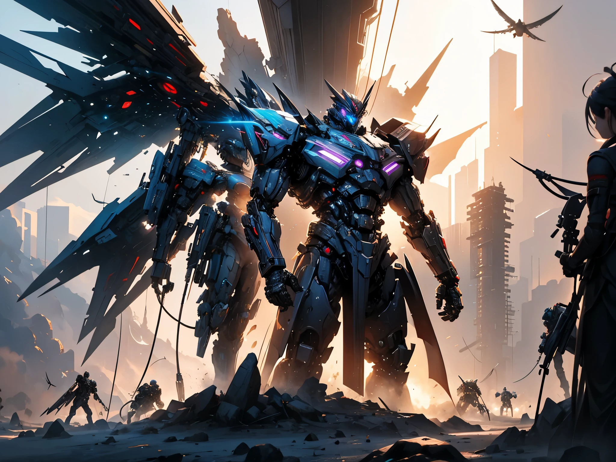 Design a legion of cybernetic angels fighting in a futuristic city