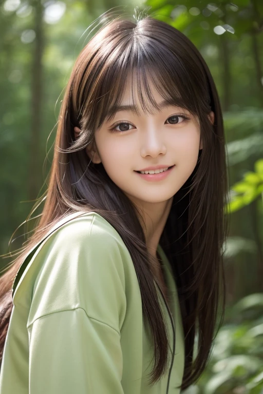 1 girl、Upper body、Close-up、laughter、、(8K、RAW photo、highest quality、masterpiece:1.2)、(realistic、photo realistic:1.37)、Delicate and detailed face、Japanese student、He is wearing a moss green windbreaker over a white sweatshirt.、(((best image quality))),small、fine skin, (beautiful hair), (perfection Anatomy), (realistic), (dynamic angle), seductive pose,perfection,sensual look、highest quality、High resolution、fluffy long hair、The background is a forest、