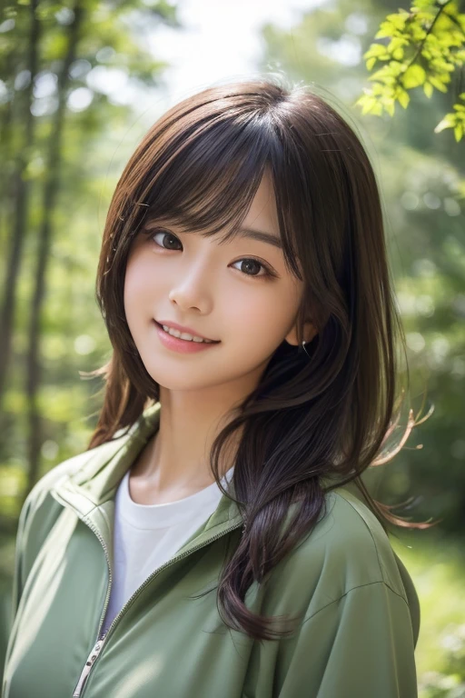 1 girl、Upper body、Close-up、laughter、、(8K、RAW photo、highest quality、masterpiece:1.2)、(realistic、photo realistic:1.37)、Delicate and detailed face、Japanese student、He is wearing a moss green windbreaker over a white sweatshirt.、(((best image quality))),small、fine skin, (beautiful hair), (perfection Anatomy), (realistic), (dynamic angle), seductive pose,perfection,sensual look、highest quality、High resolution、fluffy long hair、The background is a forest、