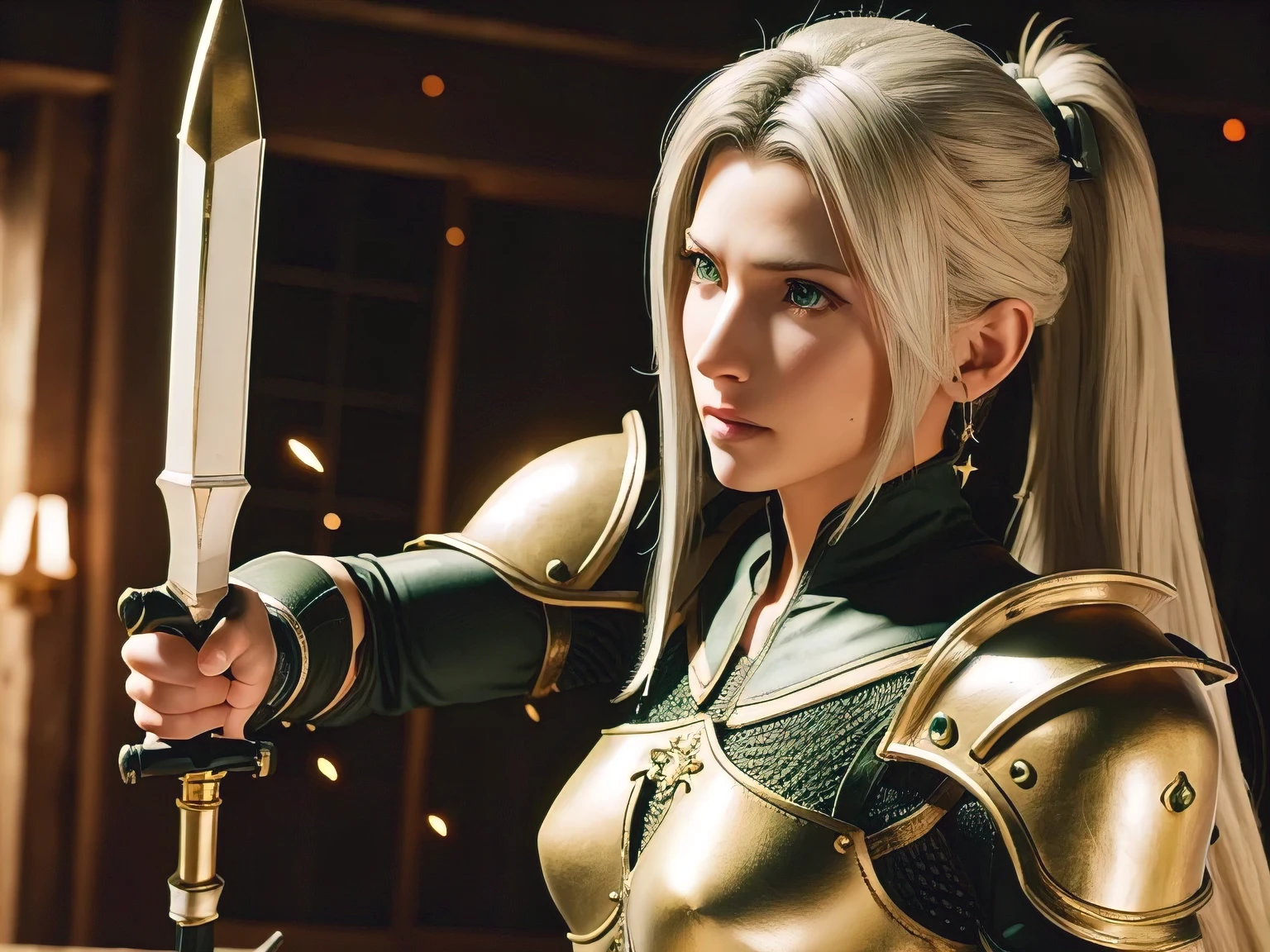 8k, masterpiece, best quality, ff7r style, Rhea, AraneaHighwind, 1girl, ((white hair)), ((green eyes)), long hair, high ponytail, portrait, blurry background, ((gold armor)), ((holding a lance)), lance, earrings, gloves, white dress, solo, forehead protector, ((dragoon)), facing viewer, cinematic lighting, dynamic pose, chainmail, breastplate, hair ornament, light particles