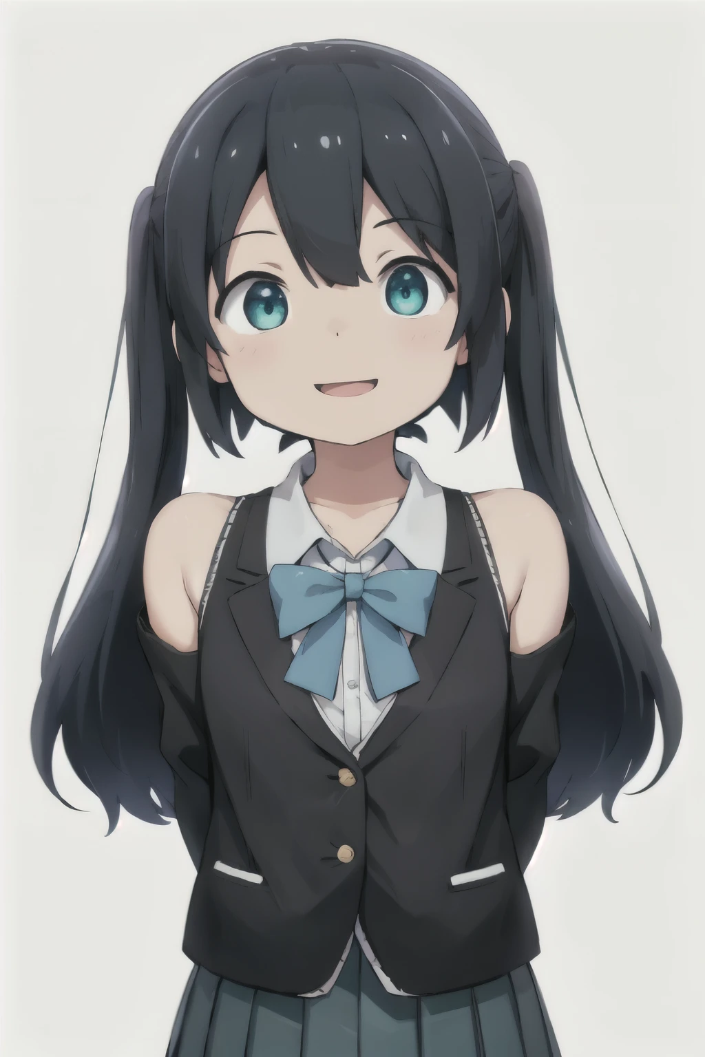 white background、Solid white background、blank background、arms behind back、adult woman、hide your hands、Upper body photographed from the front,(high quality, Breathtaking),(delicate eyes, perfect face)solo,Era: late 20s, Heterochromia - left eye is yellow、The right eye is light blue.、open your mouth without showing your teeth、Smile with mouth wide open、open your mouth wide、fish shaped hairpin、medium shoulder length hair, black hair, Long Sleeve Blazer Clothing,black pleated skirt、
