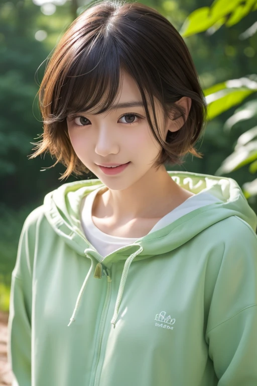 1 girl、Upper body、Close-up、laughter、、(8K、RAW photo、highest quality、masterpiece:1.2)、(realistic、photo realistic:1.37)、Delicate and detailed face、Japanese student、He is wearing a moss green windbreaker over a white sweatshirt.、(((best image quality))),small、fine skin, (beautiful hair), (perfection Anatomy), (realistic), (dynamic angle), seductive pose,perfection,sensual look、highest quality、High resolution、Fluffy shorthair、The background is a forest、