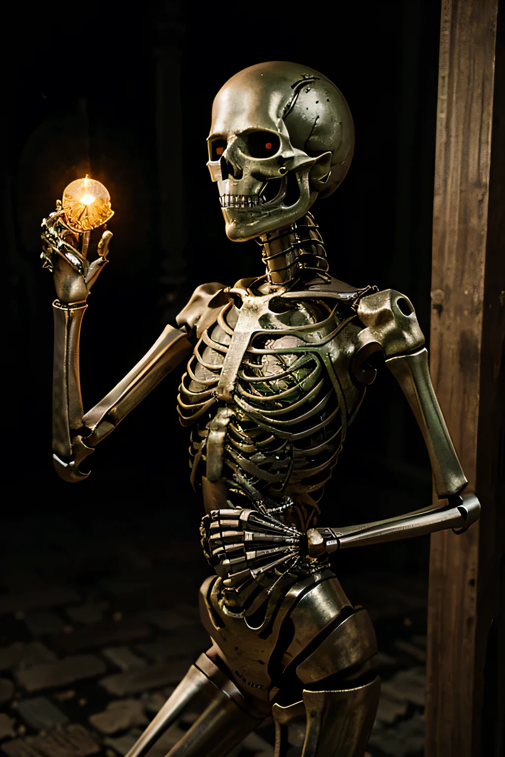 creepy, metallic_skeleton, iron, metal_skeleton, skeleton_glowing_green, skeleton_running, skeleton_holding_scroll