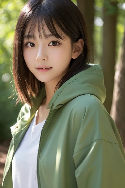 1 girl、Upper body、Close-up、laughter、、(8K、RAW photo、highest quality、masterpiece:1.2)、(realistic、photo realistic:1.37)、Delicate and detailed face、Japanese student、He is wearing a moss green windbreaker over a white sweatshirt.、(((best image quality))),small、fine skin, (beautiful hair), (perfection Anatomy), (realistic), (dynamic angle), seductive pose,perfection,sensual look、highest quality、High resolution、Fluffy shorthair、The background is a forest、