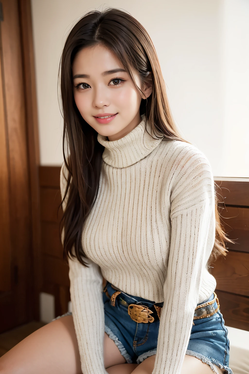 highest quality, masterpiece, 8k, ultra high resolution, (realistic: 1.4), 1 girl, beautiful face, symmetrical eyes, big, perfect body proportions, ((long hair))、((brown hair)), Female college student、((Summer knitwear on turtlenecks、shorts:1.4))、sit on a chair、the gaze of the beholder, ((Izakaya、blurred background)), Front view, Absolute area (1.3), Beer 、friendly smile、seems kind、cowboy shot
