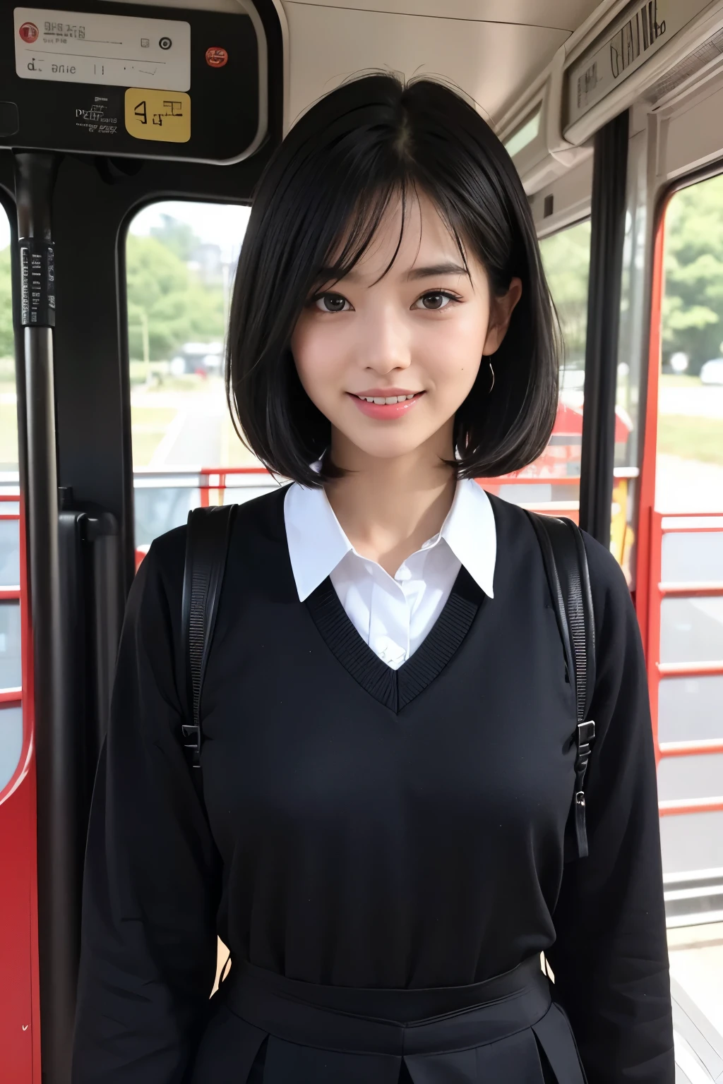 highest quality, masterpiece, 8k, ultra high resolution, (realistic: 1.4), 1 girl, beautiful face, symmetrical eyes, big, perfect body proportions, ((short bob))、((black hair)), bus guide、((bus guideの制服:1.4))、the gaze of the beholder, (sightseeing bus、blurred background), Front view, Absolute area (1.3),friendly smile、seems kind、cowboy shot