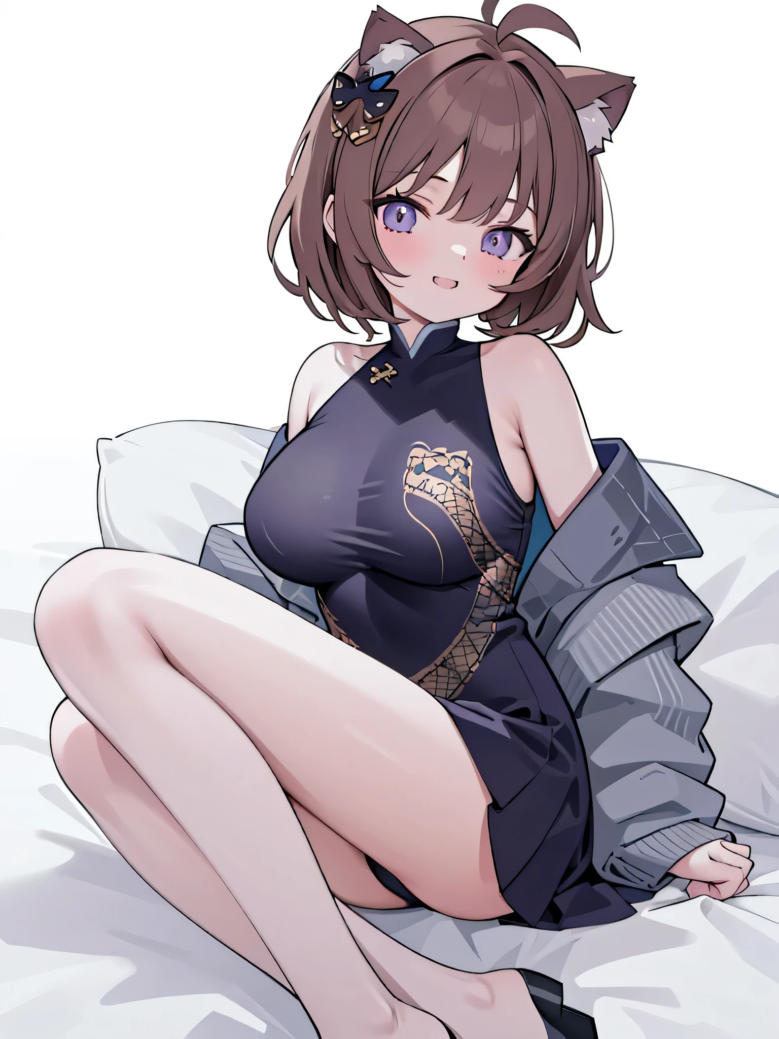 {bestquality},{{masterpiece}},{highres},extremelydetailedCG,extremelydetailedcharacter,looking at viewer,full body, 1girl,solo, nekomimi,brown hair,short hair, sideswept parted hair ,ahoge, moe, short girl,cat ears, smile,purple eyes, white background,full body,lying sideways,((white background)), on_front, outfit-me,big breasts