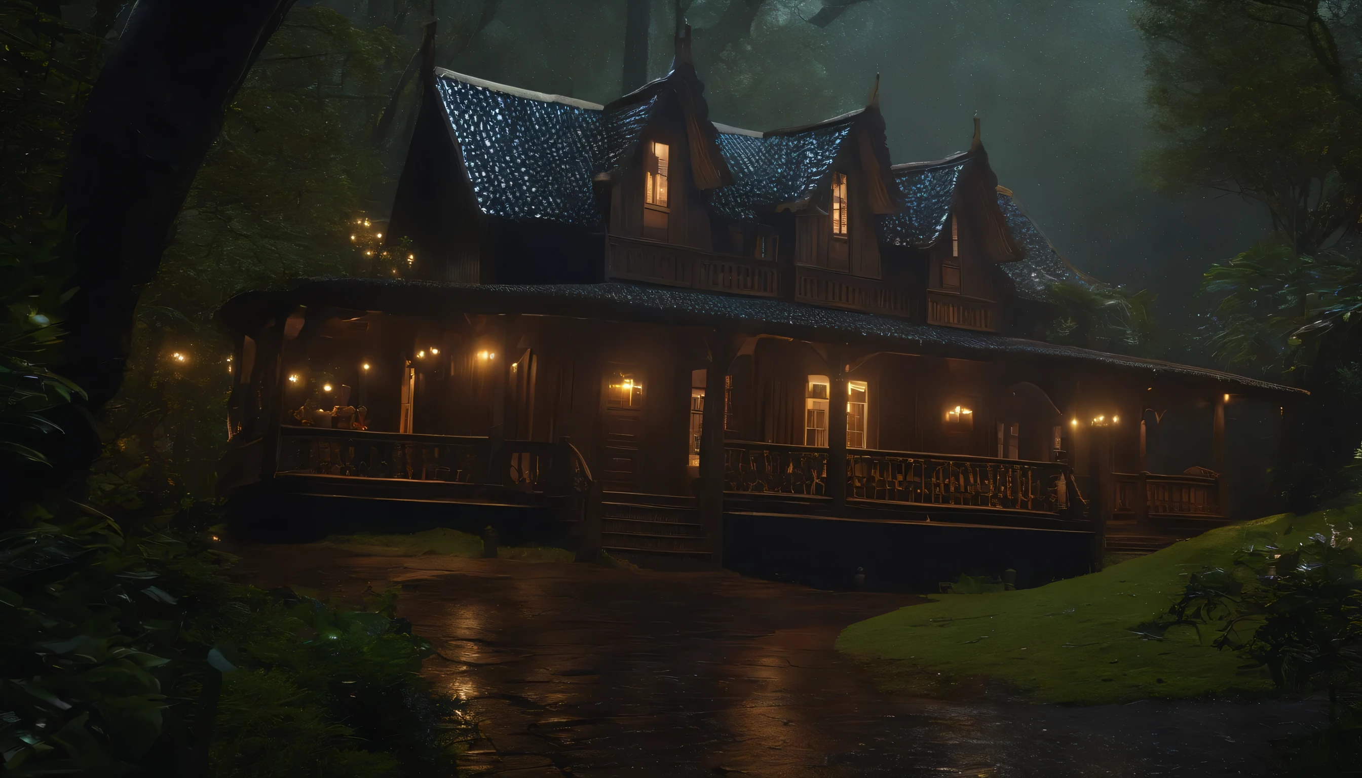 Uma casa em meio a floresta,casa de madeira antiga, maximos detalhes, a noIstoe, Isto'it's raining, ultra realista,8k