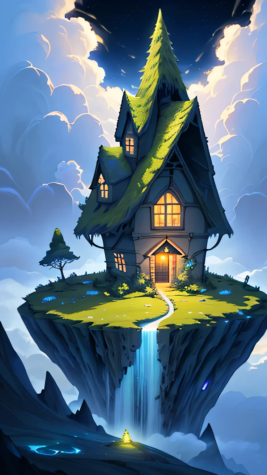 A small magical house with legs, on top of a cloud kising mountain, grassland, flora, the men standing on the edge Loki at the huge shining planet with rings, in the sky, night scene, hd, 4k, highly detailed, water painting, ultra wide shot, long shot