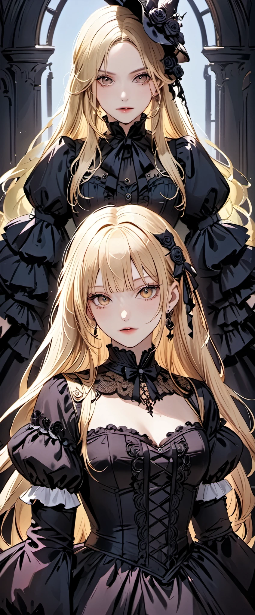 woman wearing dress and boots , baroque dress, wearing a detailed steampunk dress, elegant gothic princess, victorian gothic lolita fashion, historical baroque dress dark, black gothic lolita dress, fantasy style clothing, rococo dress, black rococo, fantasy costume, wearing a gothic dress, romantic dress, gothic dress,blonde,,(((upper body portrait)))