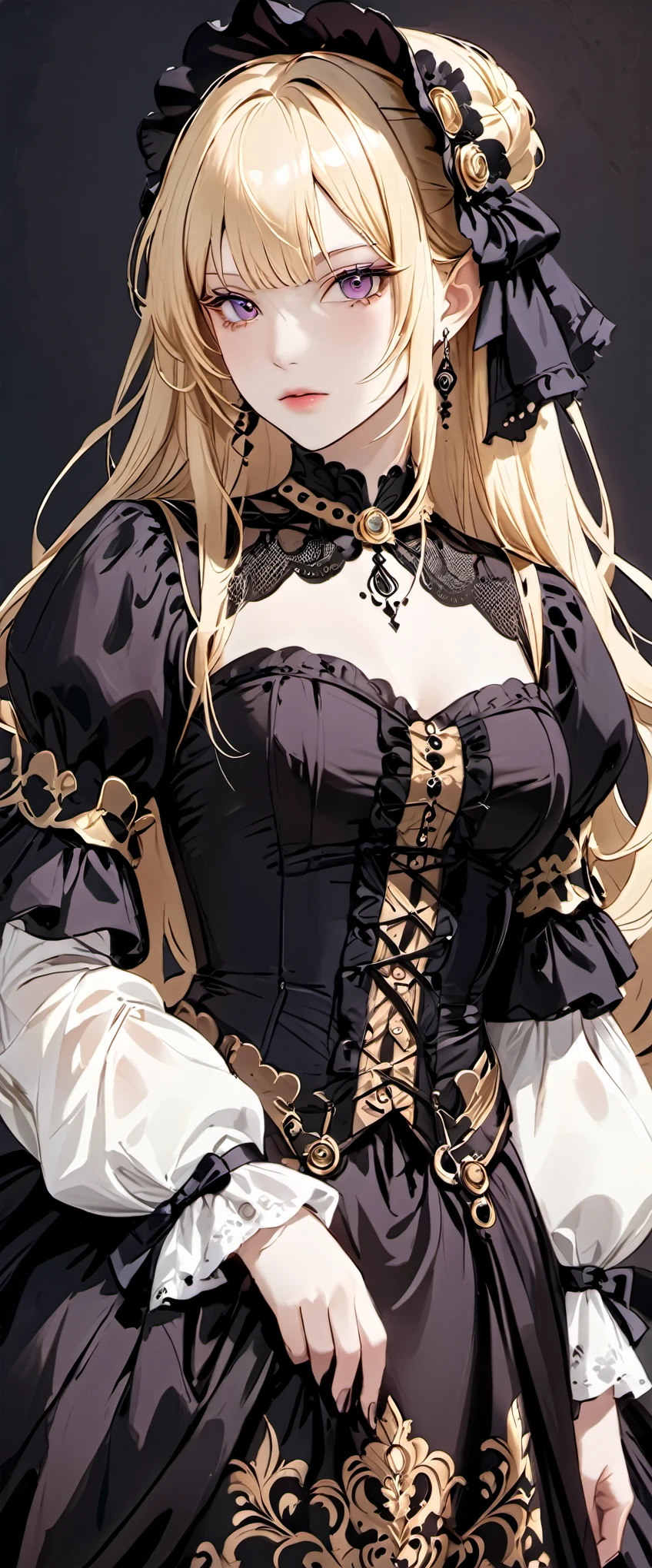 woman wearing dress and boots , baroque dress, wearing a detailed steampunk dress, elegant gothic princess, victorian gothic lolita fashion, historical baroque dress dark, black gothic lolita dress, fantasy style clothing, rococo dress, black rococo, fantasy costume, wearing a gothic dress, romantic dress, gothic dress,blonde,,(((upper body portrait)))