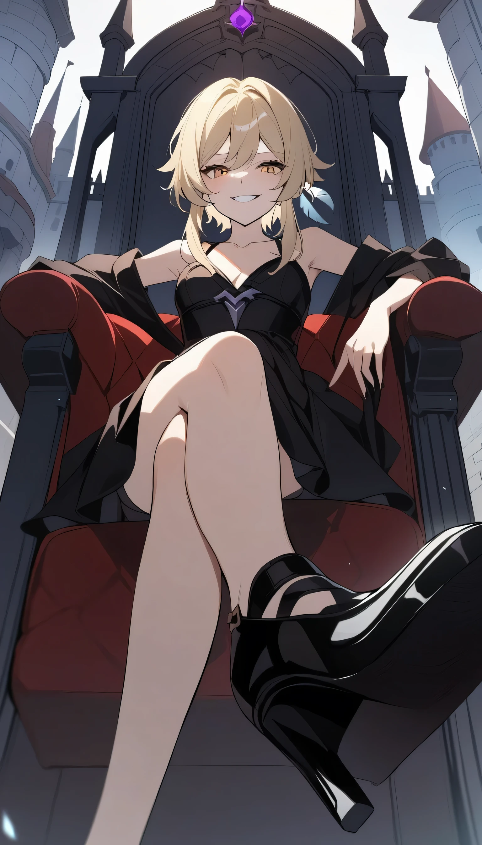 1girl, solo, (masterpiece), best quality, expressive eyes, perfect face, (evil grin), Lumine, Genshin Impact, wearing only black gown, low angle, castle, throne, sitting, crossed legs, collarbone,
high heels, shoe soles, stepping on viewer,
