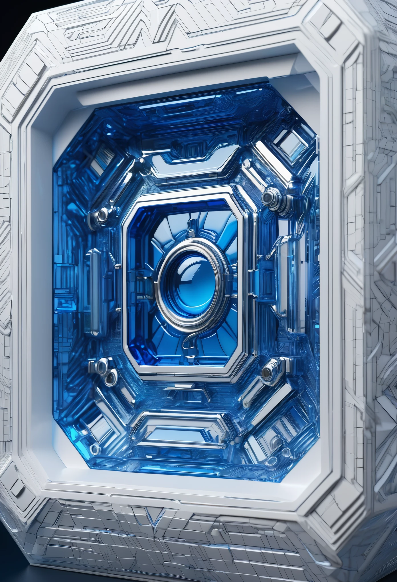 (Quilted paper art), Digital Art, Cyberpunk,(White ceramic housing), blue transparent glass, 3D rendering, ray tracing,Reasonable structure, Complex internal structure,(Clear lines, High sharpness,best quality, masterpiece, 4K ),ais-mechdystopia