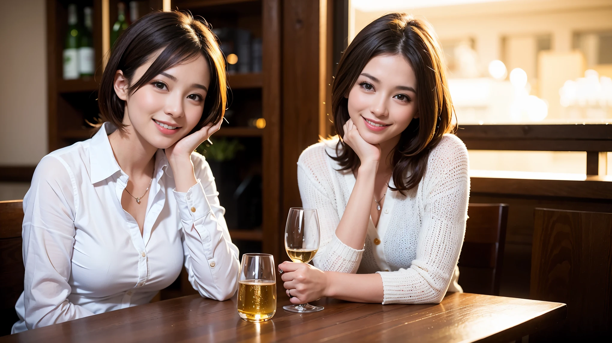 K, Hmm, highest quality, masterpiece: 1.2), (realistic, photorealistic: 1.37), Spectacular view of the sunset sky and clouds、Amazing mountain views、ニコニコ明るいsmile、3 slim beauties, (slim face),Happy、 the best smile、Fox face、Berry Short、(because I&#39;thin), (brown hair), (shortcut), long sleeve shirt、winter fashion、Colombian、Brazilian、Japanese、Dutch、German、Portuguese、Belgian、Italian、French,Champagne、sparkling wine、 (Squirting), (slim body), (brown hair), (shortcut), neat beauty、cheeks turn a little red, (42 years old), 38 years old, alone, A beautiful and detailed night view spreads out outside the window......, restaurant, wine glass is sitting, At night, in a prominent place (from the Upper body) nova frog style, actress, model, Upper body, White wine, slim, wine glass, Very beautiful night view, wine glass Put in the Middle, Happy smile, (smile: 1.15), 