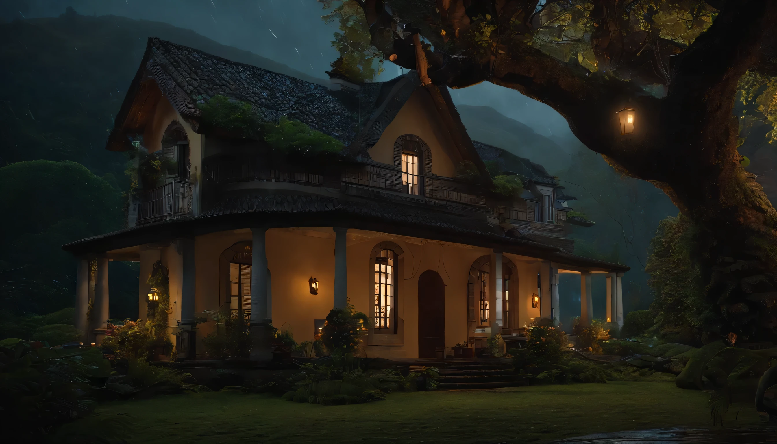 Uma casa em meio a floresta,casa de madeira antiga, maximos detalhes, a noIstoe, Isto'it's raining, ultra realista,8k