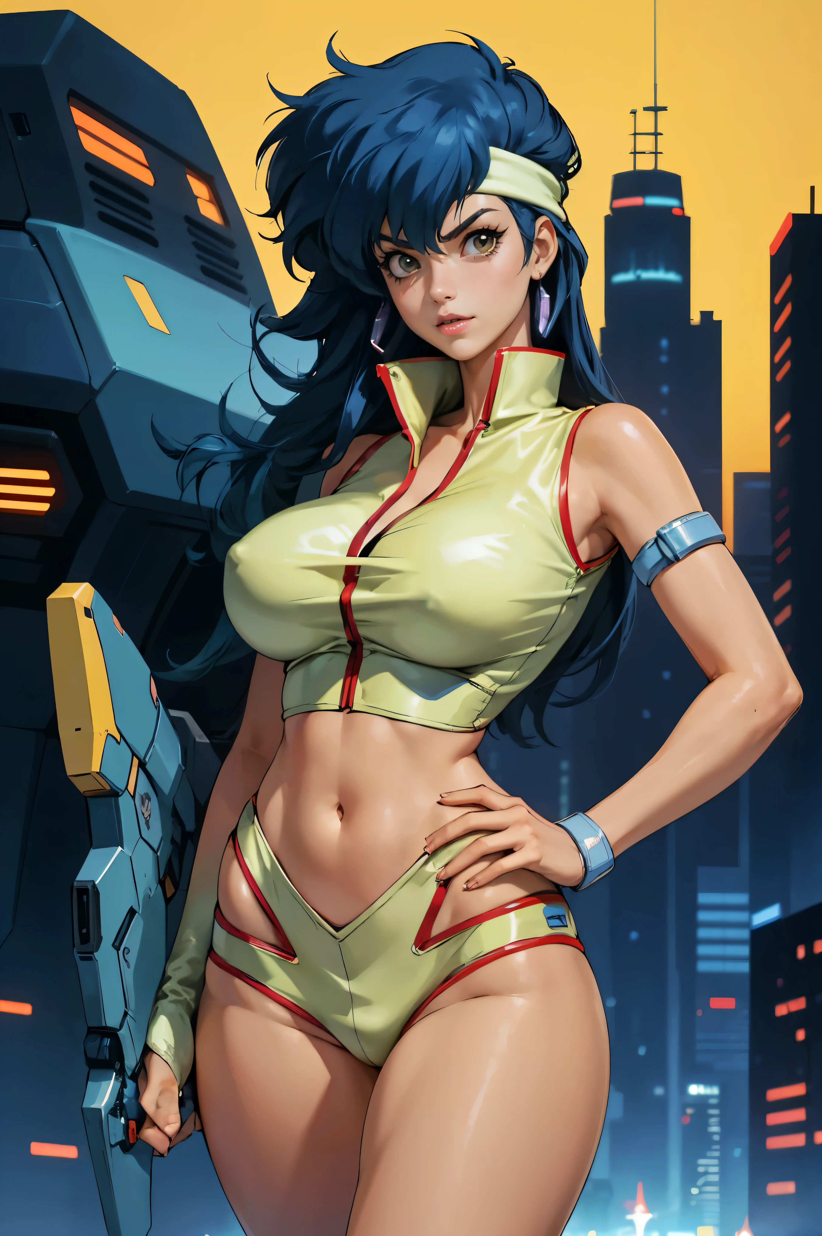 Yuri from The Dirty Pair, , wearing a tight outfit, skimpy, medium breast, (long hair), dark blue hair, beauty, cyberpunk city background, holding retro space-gun, slim waist, slim thighs, thigh gap, (light yellow uniform), show belly